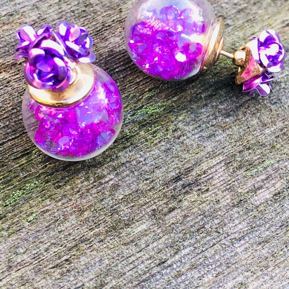 Flower crystal ball earrings purple double studded - Picture 2 of 2